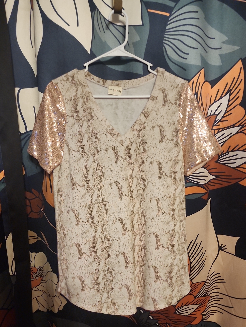 Lovely Melody Rose Gold Sequin Sleeve V-Neck Top with Cream Snakeskin Print